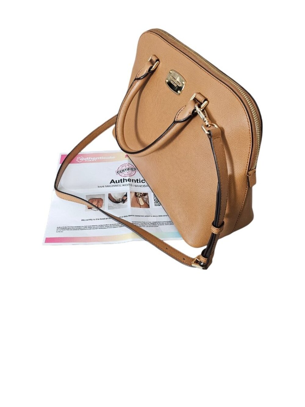 Michael Kors Cindy Large Leather Dome Satchel Shoulder Handbag COA Tan Gold - Picture 6 of 16
